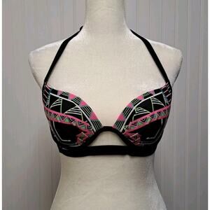 Coco Rave Bikini Top Womens 34 B/C Black Neon Geo Halter Underwire Swim Bathing